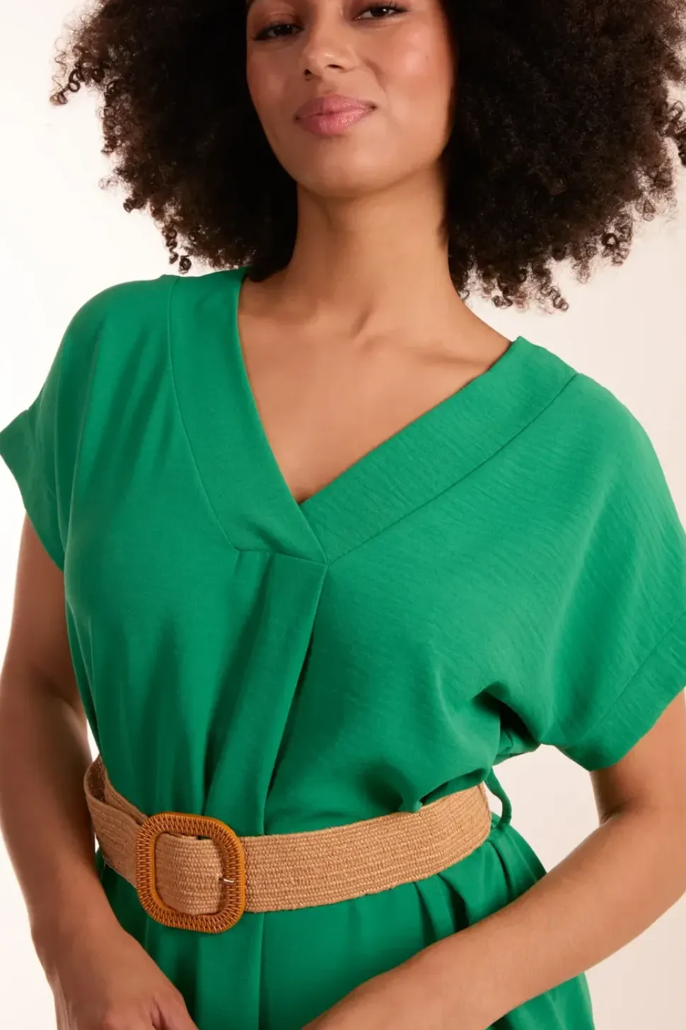 Belted V Neck Midi Dress