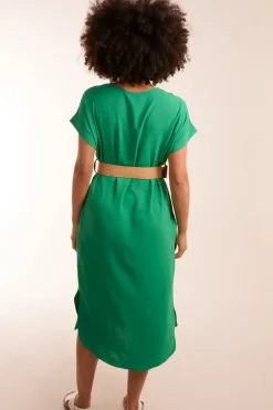 Belted V Neck Midi Dress