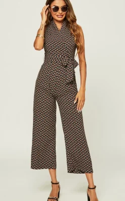 Belted Wrap Jumpsuit In Navy Mix Printed
