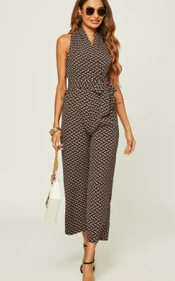 Belted Wrap Jumpsuit In Navy Mix Printed