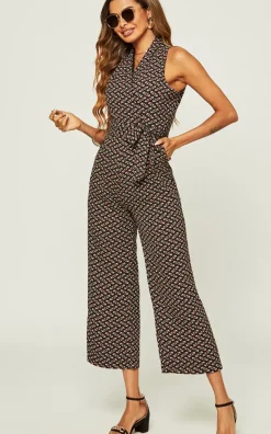Belted Wrap Jumpsuit In Navy Mix Printed