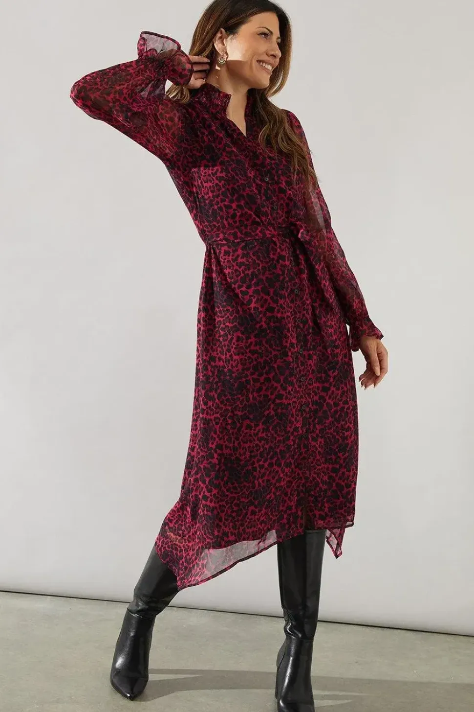 Berry Animal Print Hankey Hem Shirt Dress