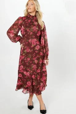 Berry Floral Chiffon Burnout Stripe Midi Dress
