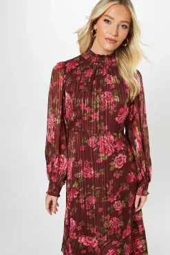 Berry Floral Chiffon Burnout Stripe Midi Dress