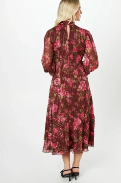 Berry Floral Chiffon Burnout Stripe Midi Dress