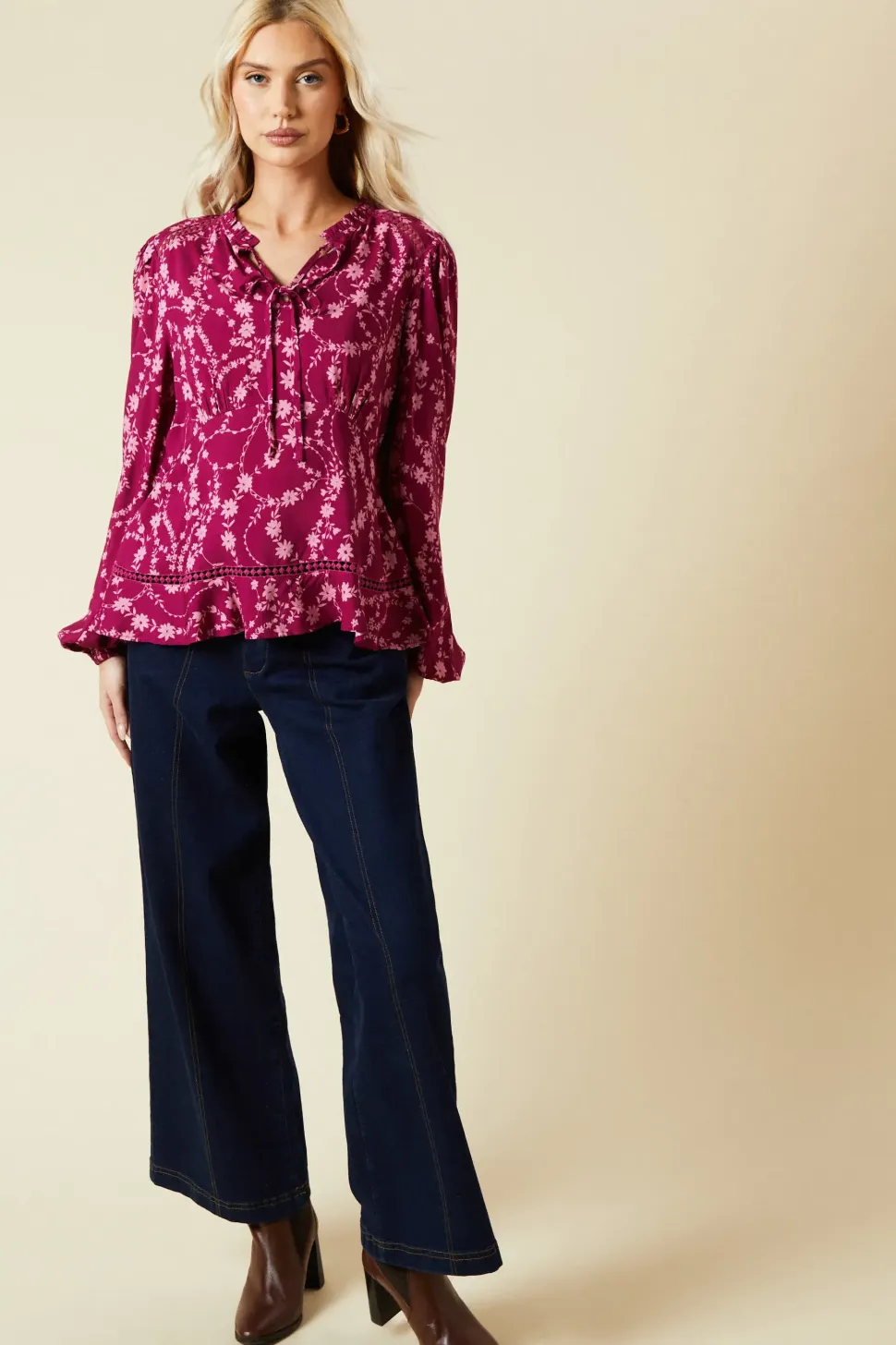 Berry Floral Lace Trim Overhead Blouse