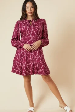 Berry Floral Lace Yoke Mini Dress