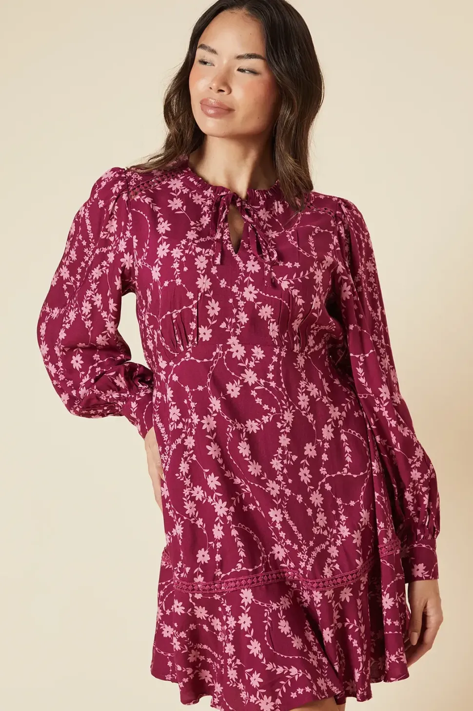 Berry Floral Lace Yoke Mini Dress