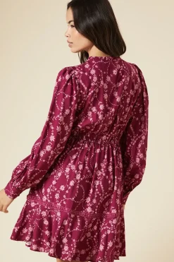 Berry Floral Lace Yoke Mini Dress