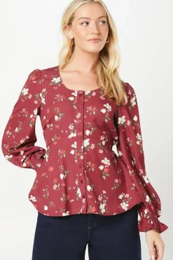 Berry Floral Scoop Neck Button Tea Blouse