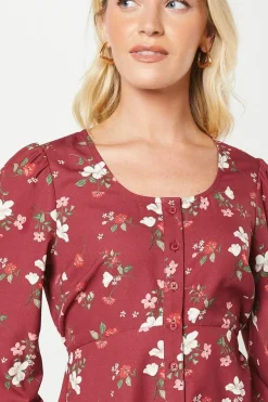Berry Floral Scoop Neck Button Tea Blouse