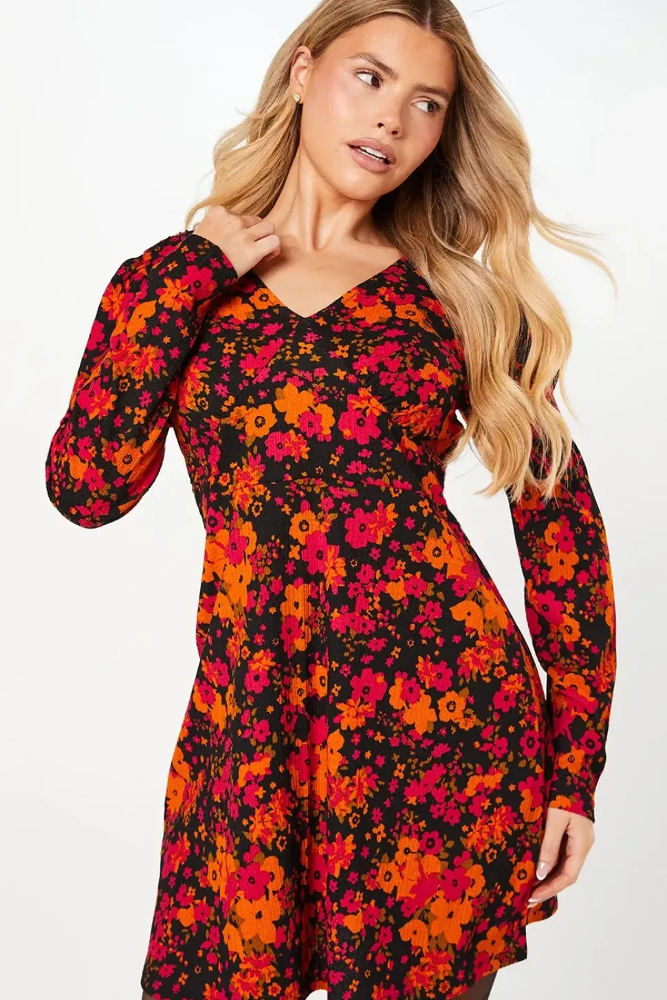 Berry Floral V Neck Empire Mini Dress