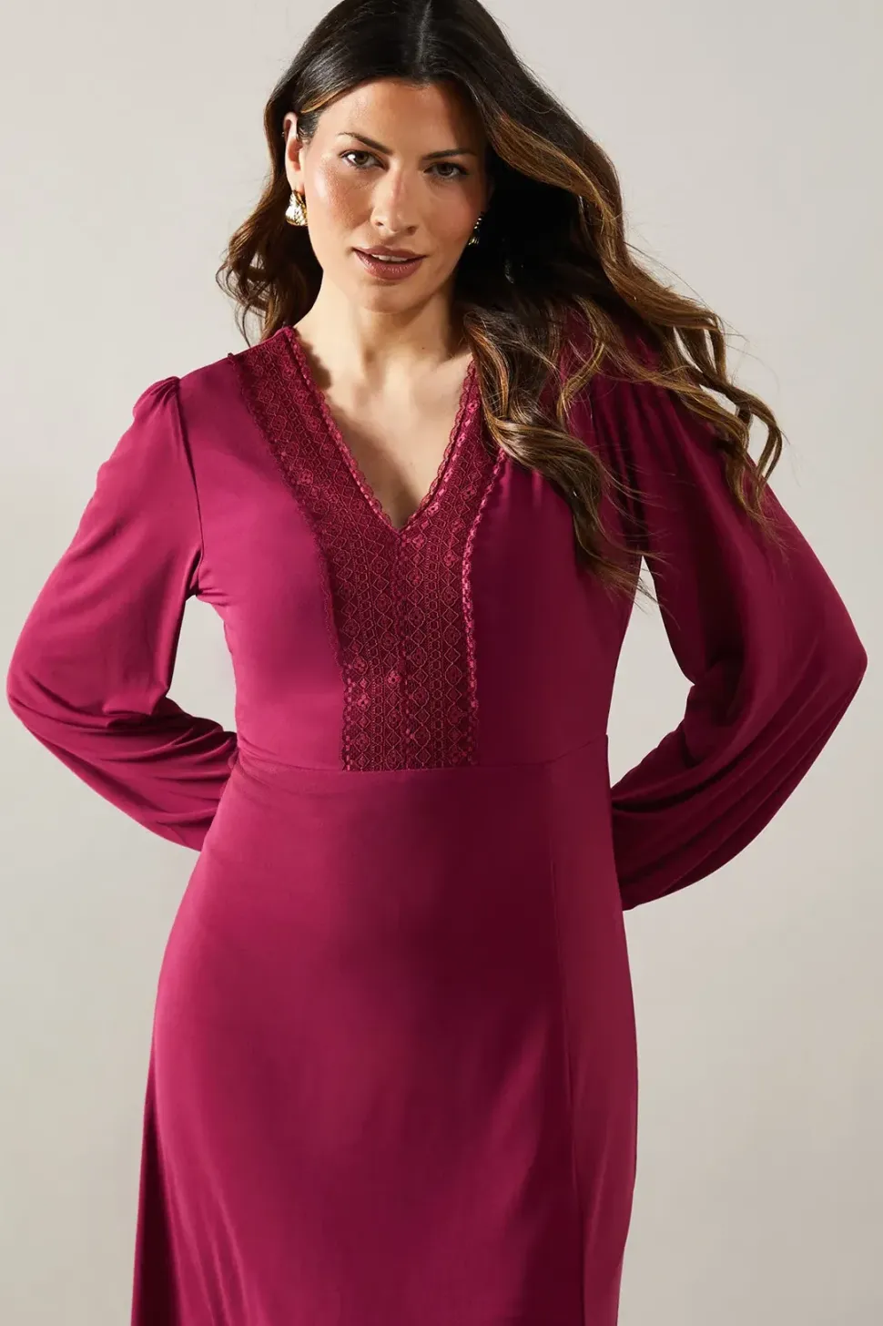 Berry Jersey Lace Trim Midi Dress