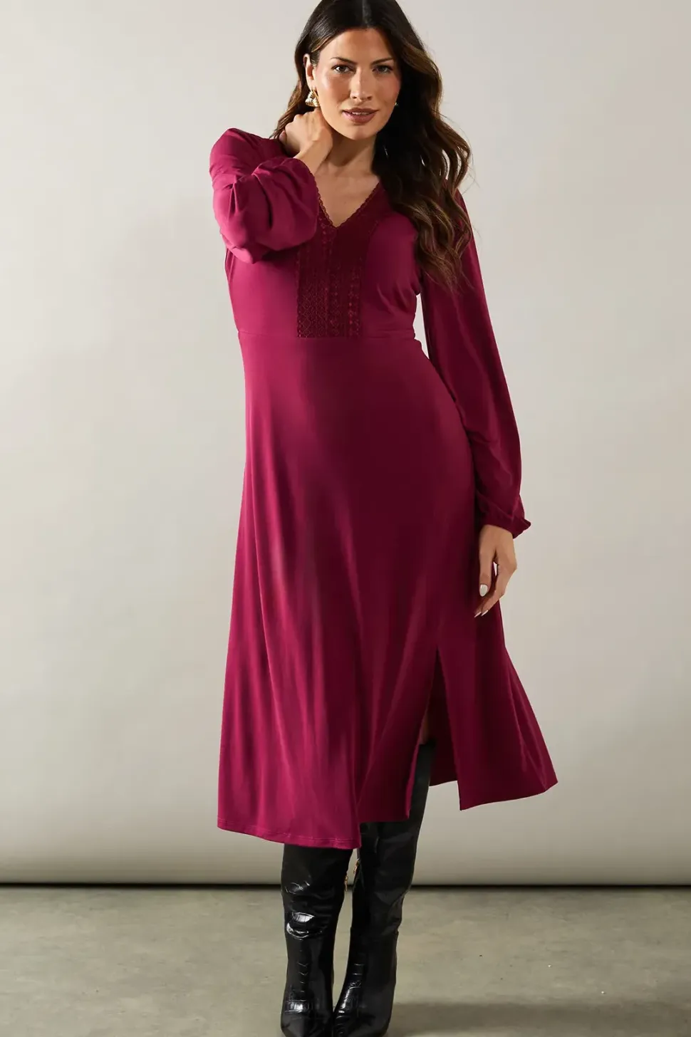 Berry Jersey Lace Trim Midi Dress
