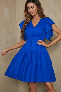 Biodegradable Cotton Frill Hem Detail V Neck Mini Dress