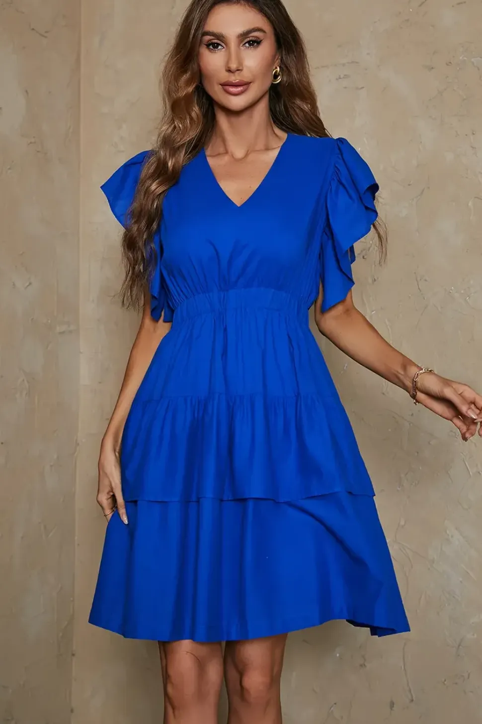 Biodegradable Cotton Frill Hem Detail V Neck Mini Dress