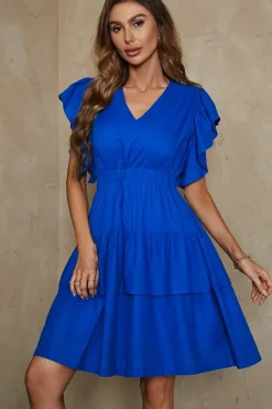 Biodegradable Cotton Frill Hem Detail V Neck Mini Dress