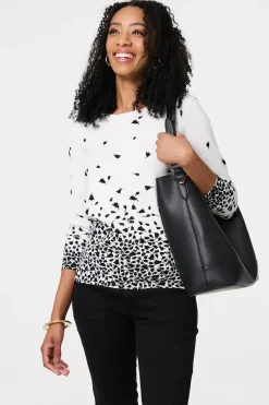 Bird Print 3/4 Sleeve Relaxed Knit Top