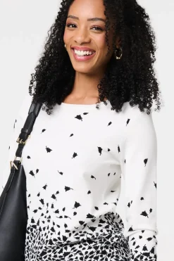 Bird Print 3/4 Sleeve Relaxed Knit Top