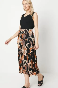 Black Abstract Print Pleated Skirt