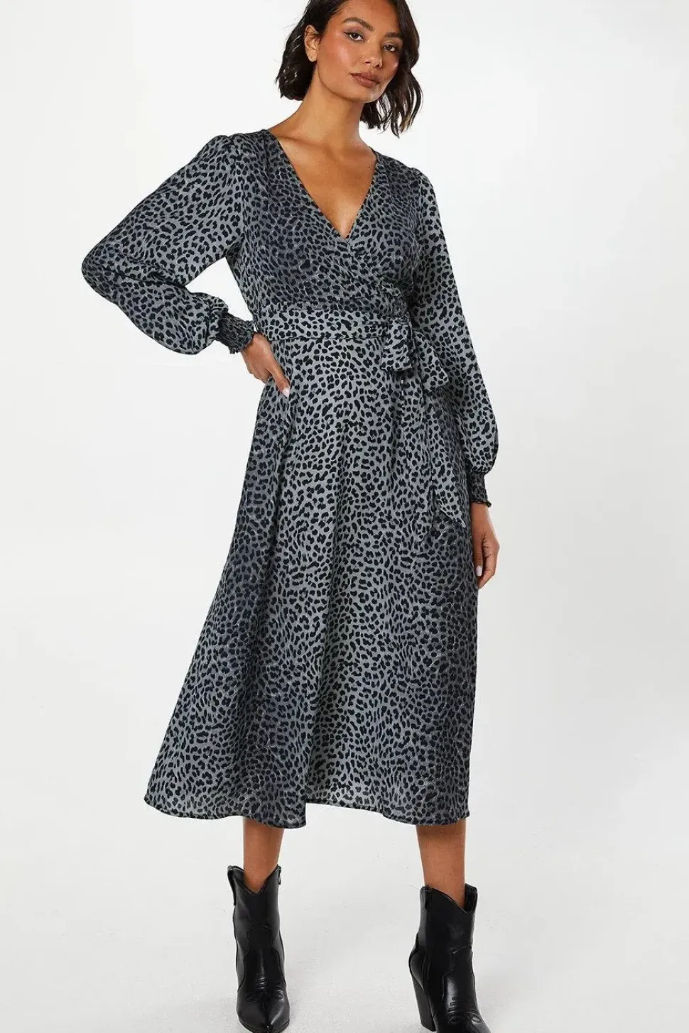 Black Animal Long Sleeve Wrap Midi Dress