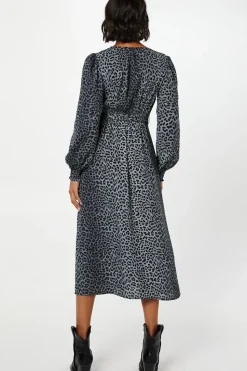 Black Animal Long Sleeve Wrap Midi Dress
