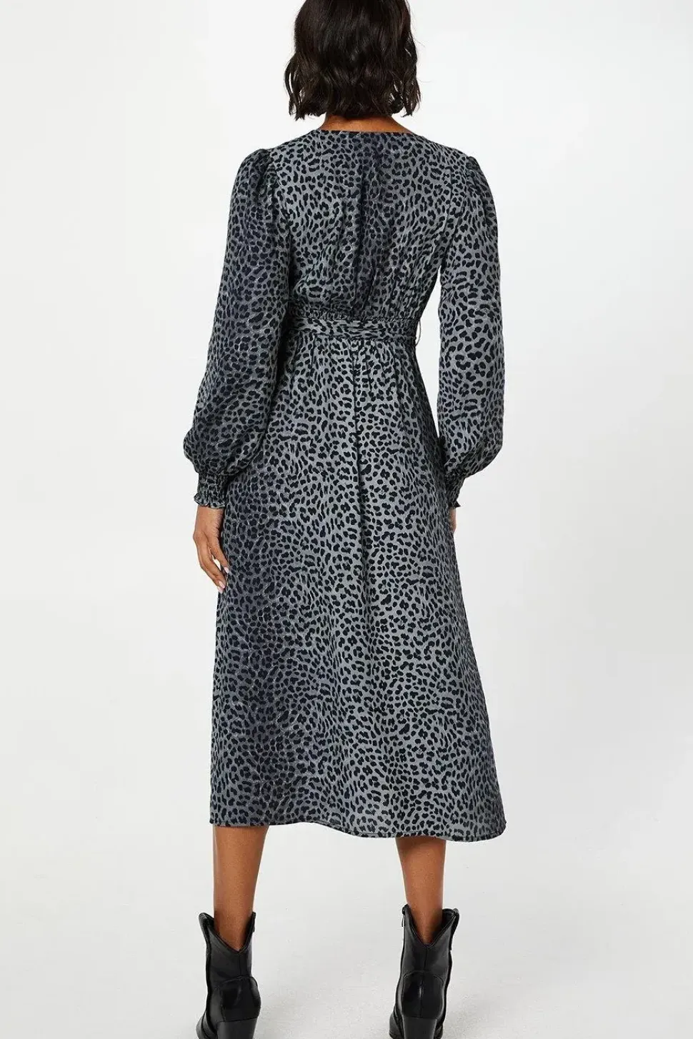 Black Animal Long Sleeve Wrap Midi Dress