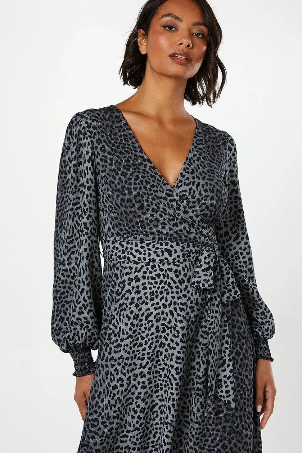 Black Animal Long Sleeve Wrap Midi Dress