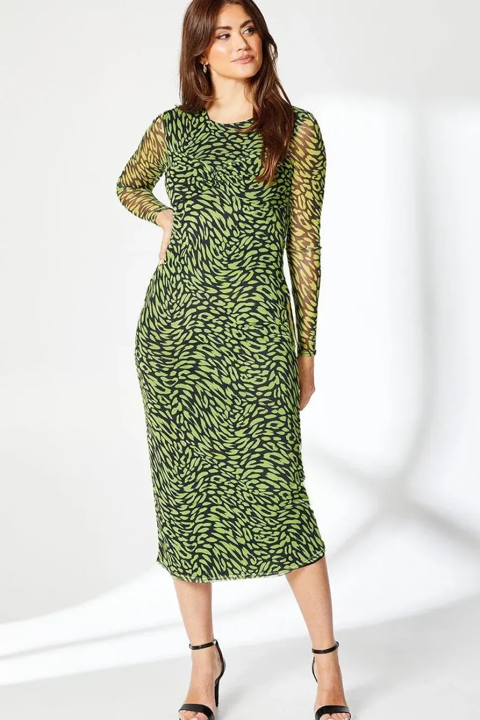 Black Animal Print Twist Detail Mesh Midi Dress