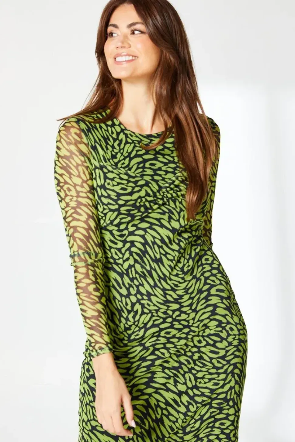 Black Animal Print Twist Detail Mesh Midi Dress