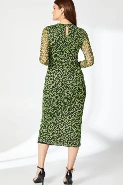 Black Animal Print Twist Detail Mesh Midi Dress
