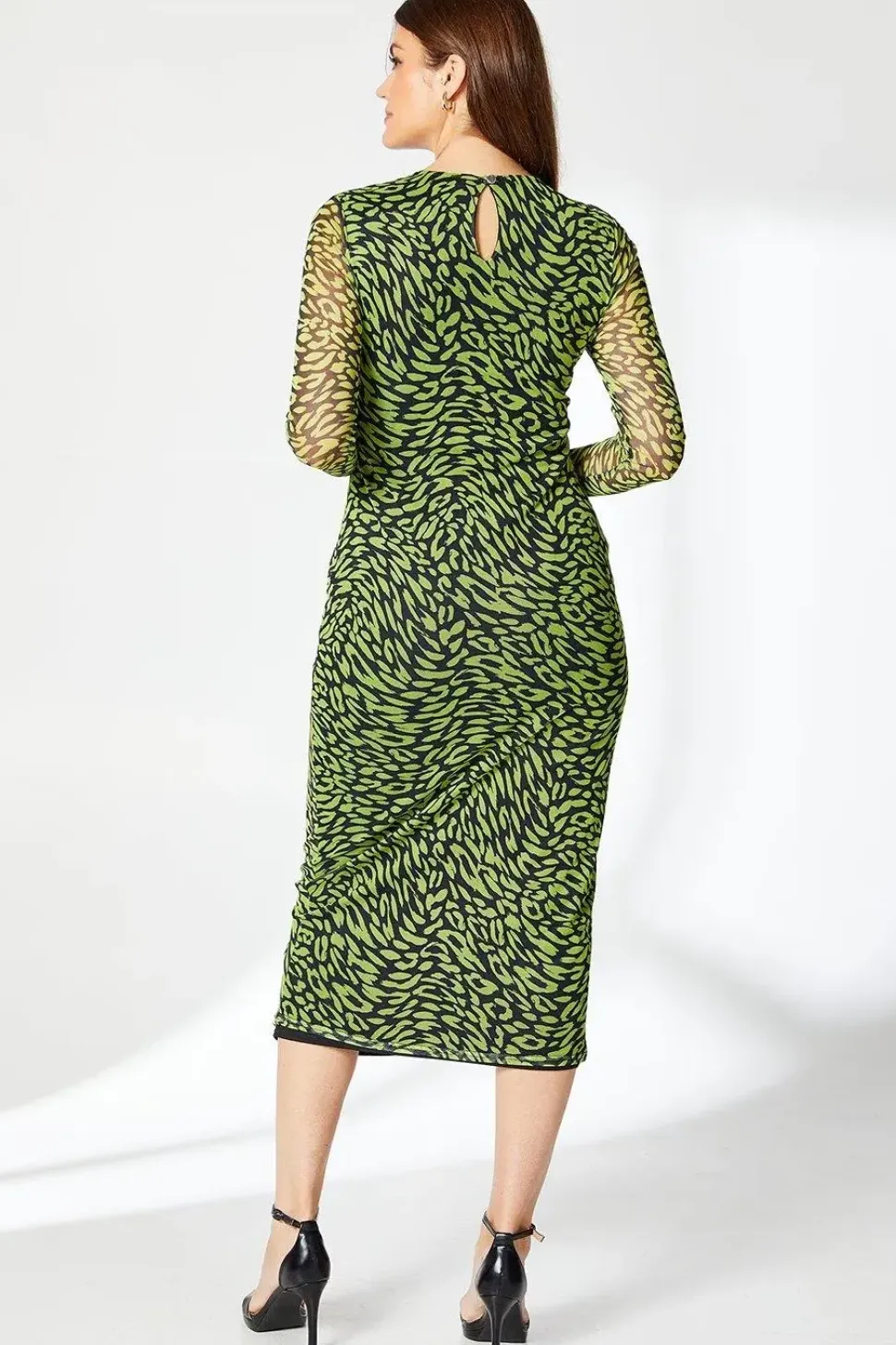 Black Animal Print Twist Detail Mesh Midi Dress