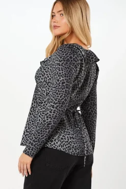 Black Animal Ruffle Neck Long Sleeve Button Front Tea Blouse