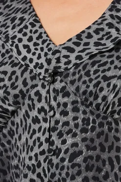 Black Animal Ruffle Neck Long Sleeve Button Front Tea Blouse