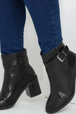 Black Block Heel Buckle Boot In Wide Fit