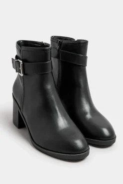 Black Block Heel Buckle Boot In Wide Fit