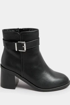 Black Block Heel Buckle Boot In Wide Fit