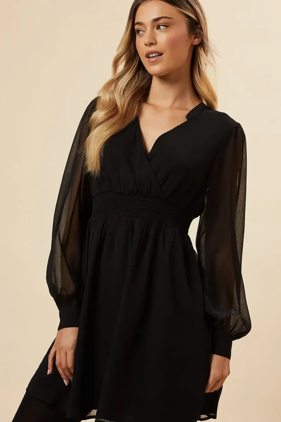 Black Chiffon Long Sleeve Shirred Waist Mini Dress