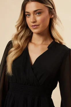 Black Chiffon Long Sleeve Shirred Waist Mini Dress