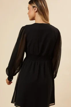 Black Chiffon Long Sleeve Shirred Waist Mini Dress