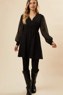 Black Chiffon Long Sleeve Shirred Waist Mini Dress