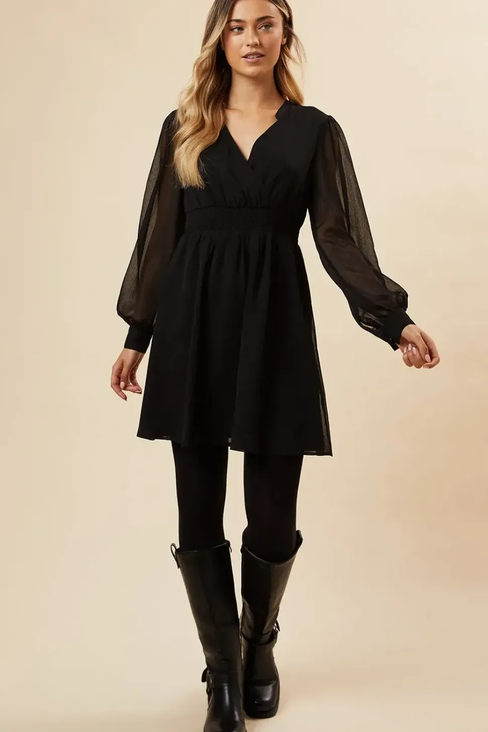 Black Chiffon Long Sleeve Shirred Waist Mini Dress