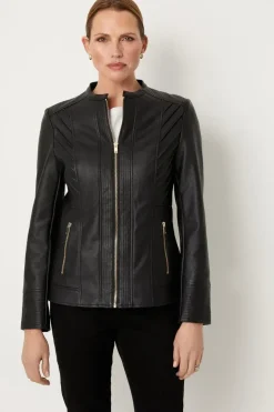 Black Collarless Faux Leather Zip Front Jacket