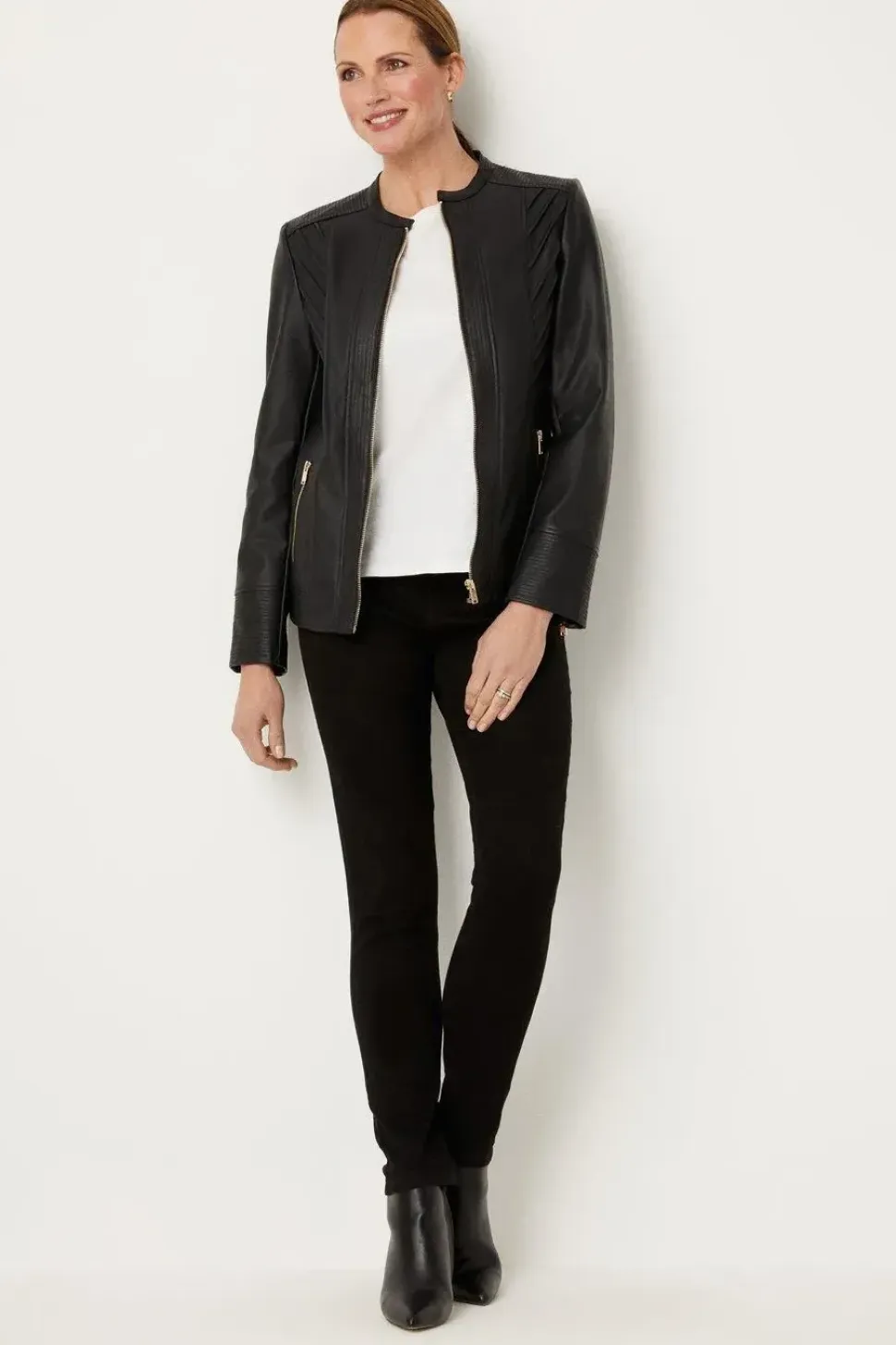 Black Collarless Faux Leather Zip Front Jacket