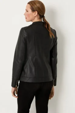 Black Collarless Faux Leather Zip Front Jacket