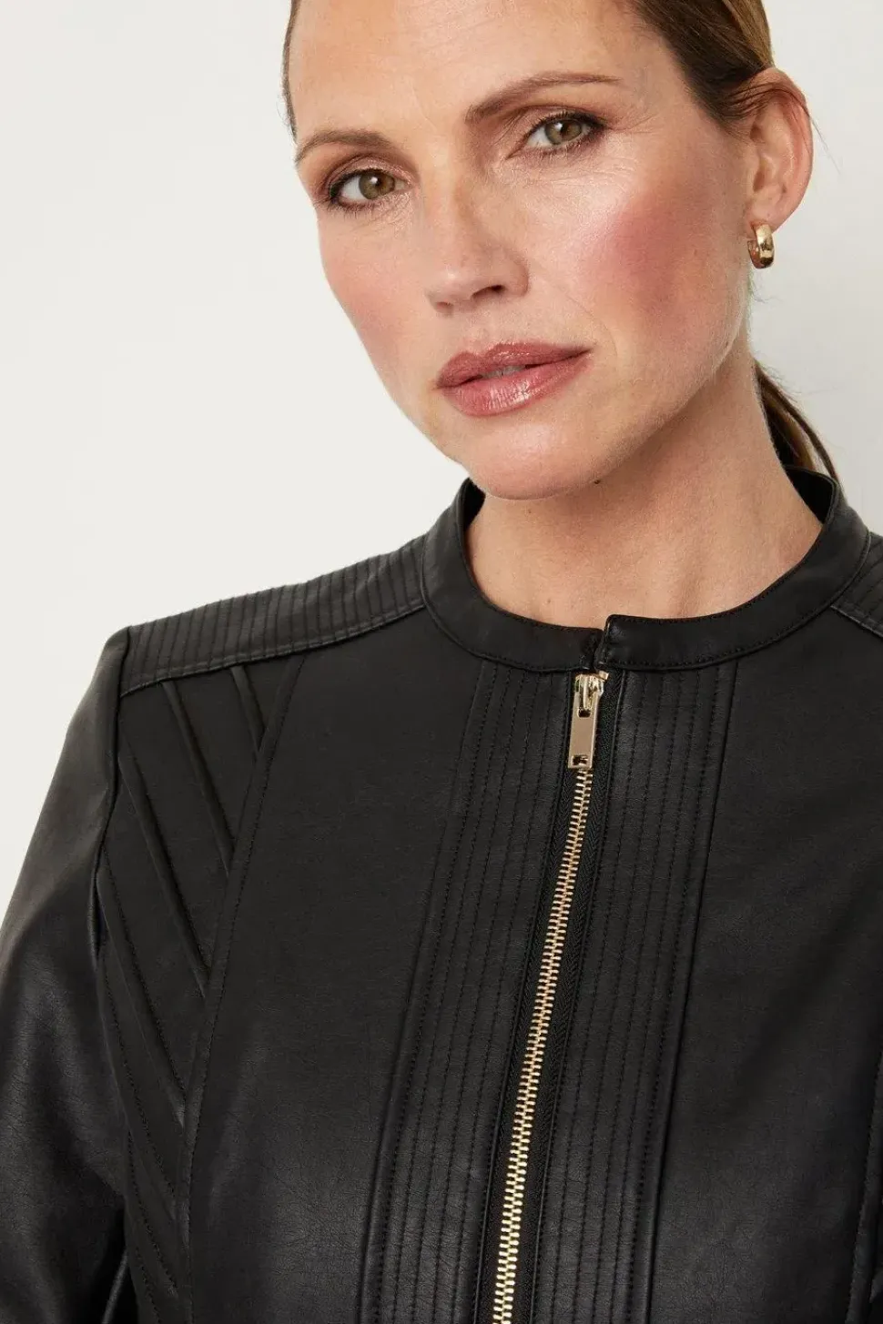 Black Collarless Faux Leather Zip Front Jacket