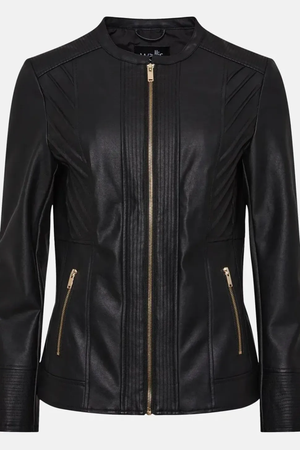 Black Collarless Faux Leather Zip Front Jacket