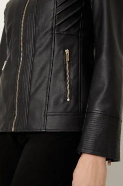Black Collarless Faux Leather Zip Front Jacket