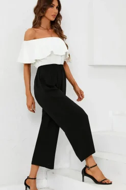 Black Contrast off the Shoulder Ruffle Jumpsuit In White