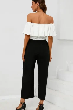 Black Contrast off the Shoulder Ruffle Jumpsuit In White